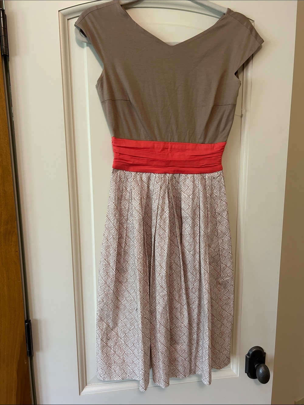 PAULE KA elegant banded waist dress in taupe and orange double lined with pocket